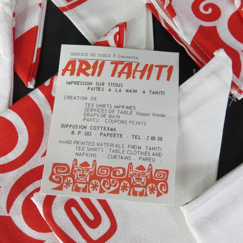 Vintage Tahitian Tablecloth 8 Napkins Hand Round 62 inch Red White Polynesian - Picture 8 of 10